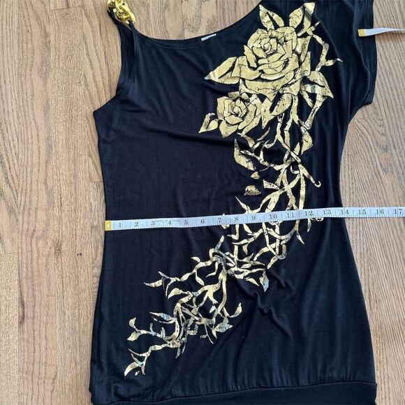 Misopé Black Embellished Asymmetrical Sleeveless Blouse with Gold Rose - Picture 7 of 9
